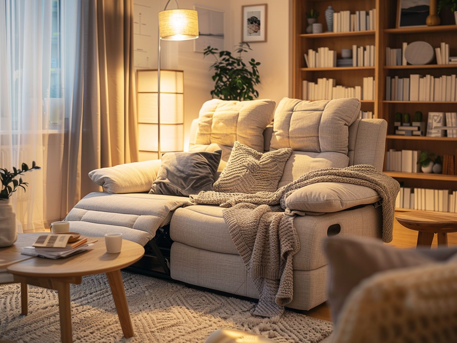 Salon z rozkładaną sofą i miękkimi kocami, komfortowy salon