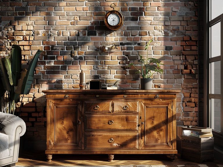 Rustykalna komoda z drewna i ceglana ściana, przytulne wnętrze rustykalne.