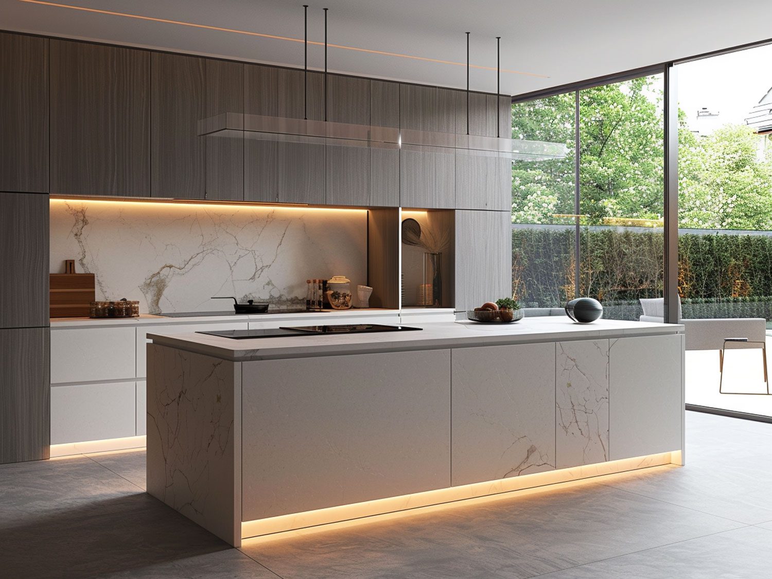 Nowoczesna kuchnia w zabudowie z drewnianymi i białymi frontami, elegancka kuchnia nowoczesna. Nowoczesna kuchnia w zabudowie z drewnianymi i białymi frontami, elegancka kuchnia nowoczesna.