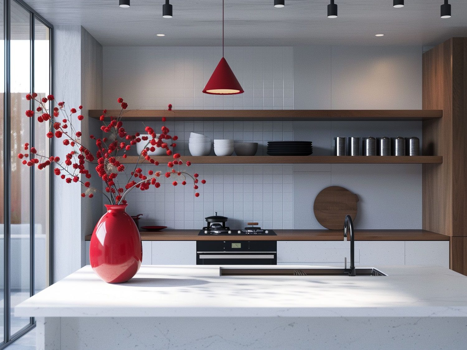 Nowoczesna kuchnia z białymi frontami i czerwonymi akcentami, minimalistyczna kuchnia nowoczesna.