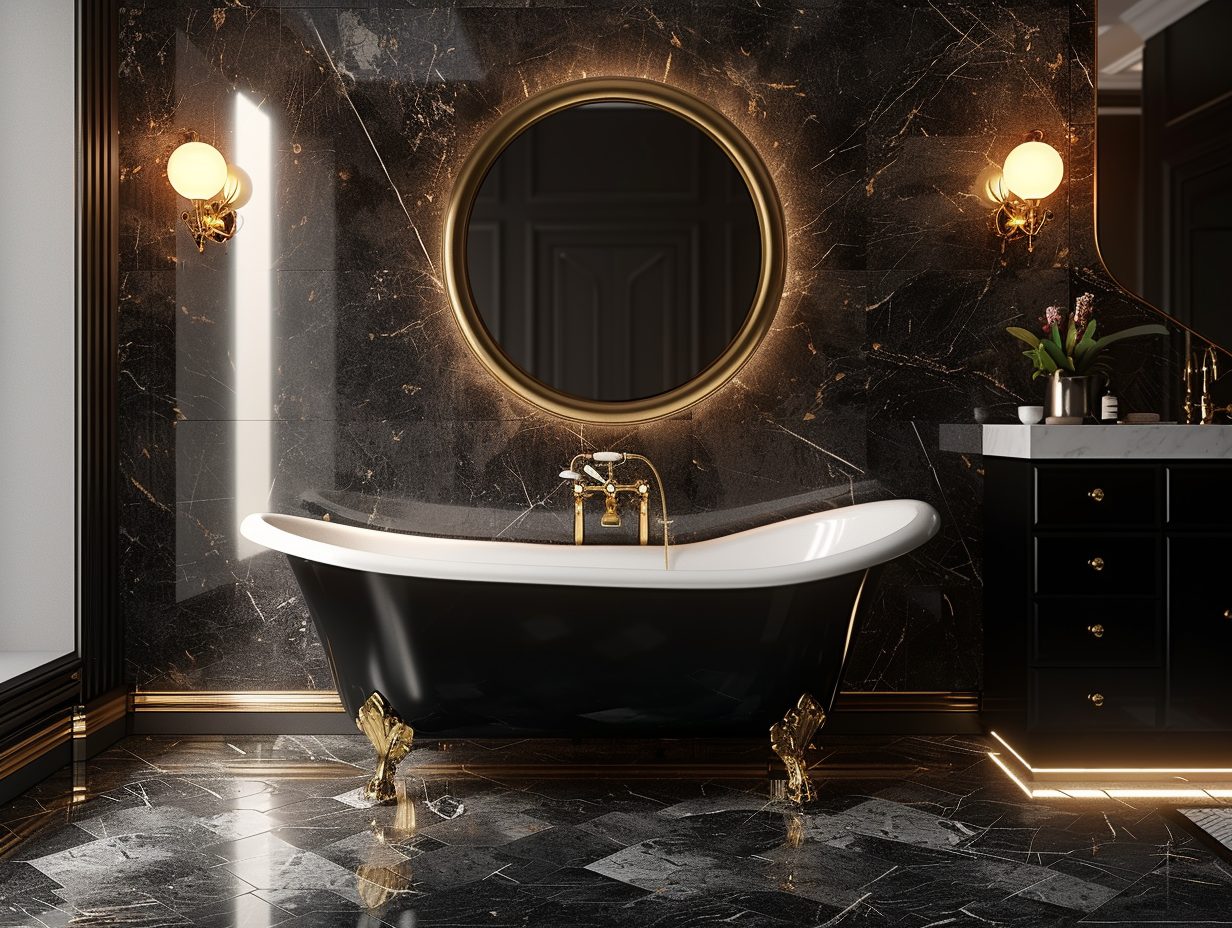 Luksusowa łazienka glamour z czarną wanną wolnostojącą i złotymi dodatkami, elegancka łazienka glamour.