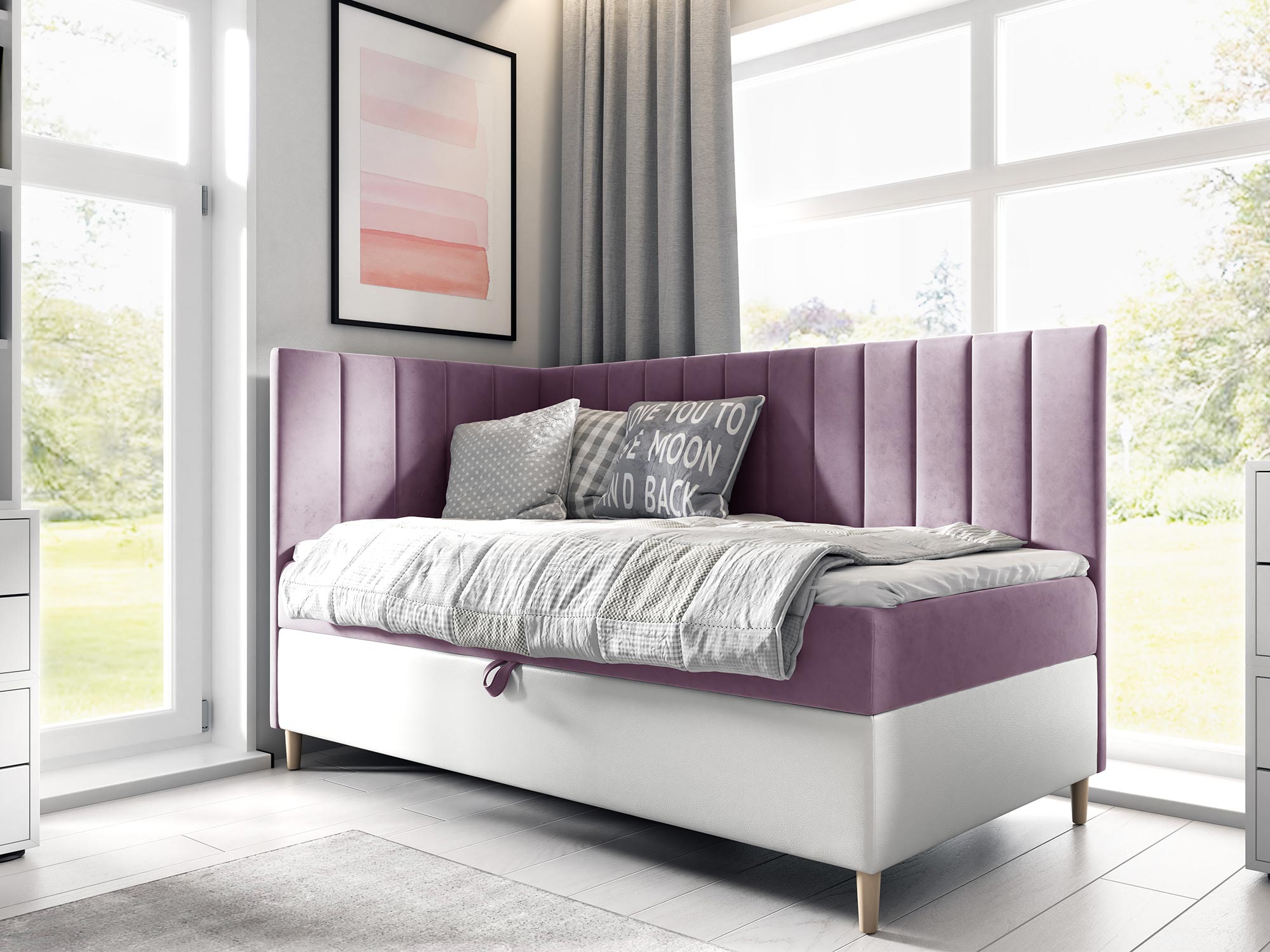 Fioletowo-białe łóżko – pastelowa wersja glamour. Fioletowo-białe łóżko – pastelowa wersja glamour.