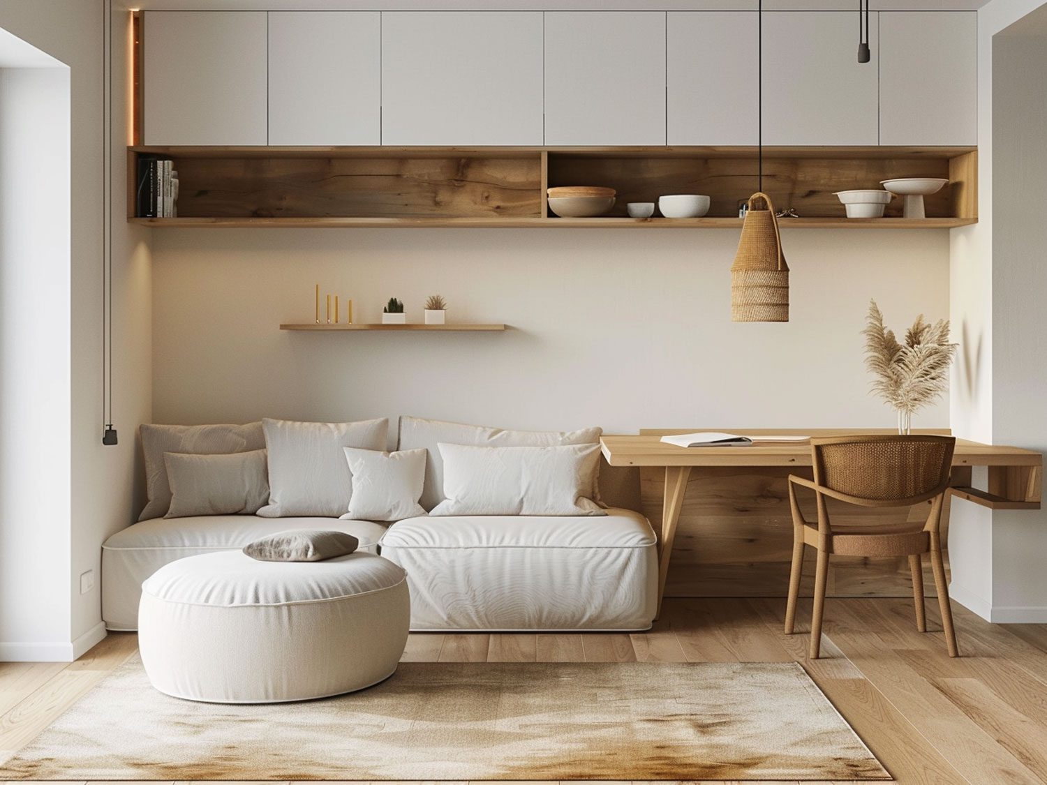 Moderní obývací pokoj skandinávský z světlou pohovkou a dřevěným stolem, minimalistický obývací pokoj skandinávský.