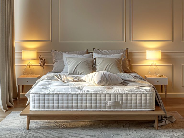 Przytulna sypialnia w klasycznym stylu z jasnym łóżkiem i eleganckim oświetleniem, luksusowa sypialnia.