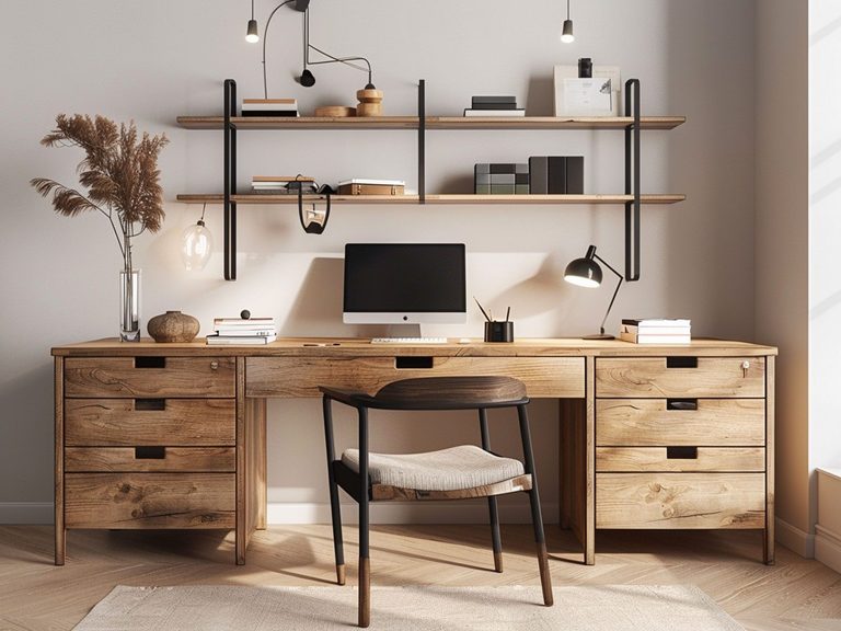 Nowoczesne biuro domowe z drewnianym biurkiem i czarnymi półkami, funkcjonalne biuro nowoczesne.