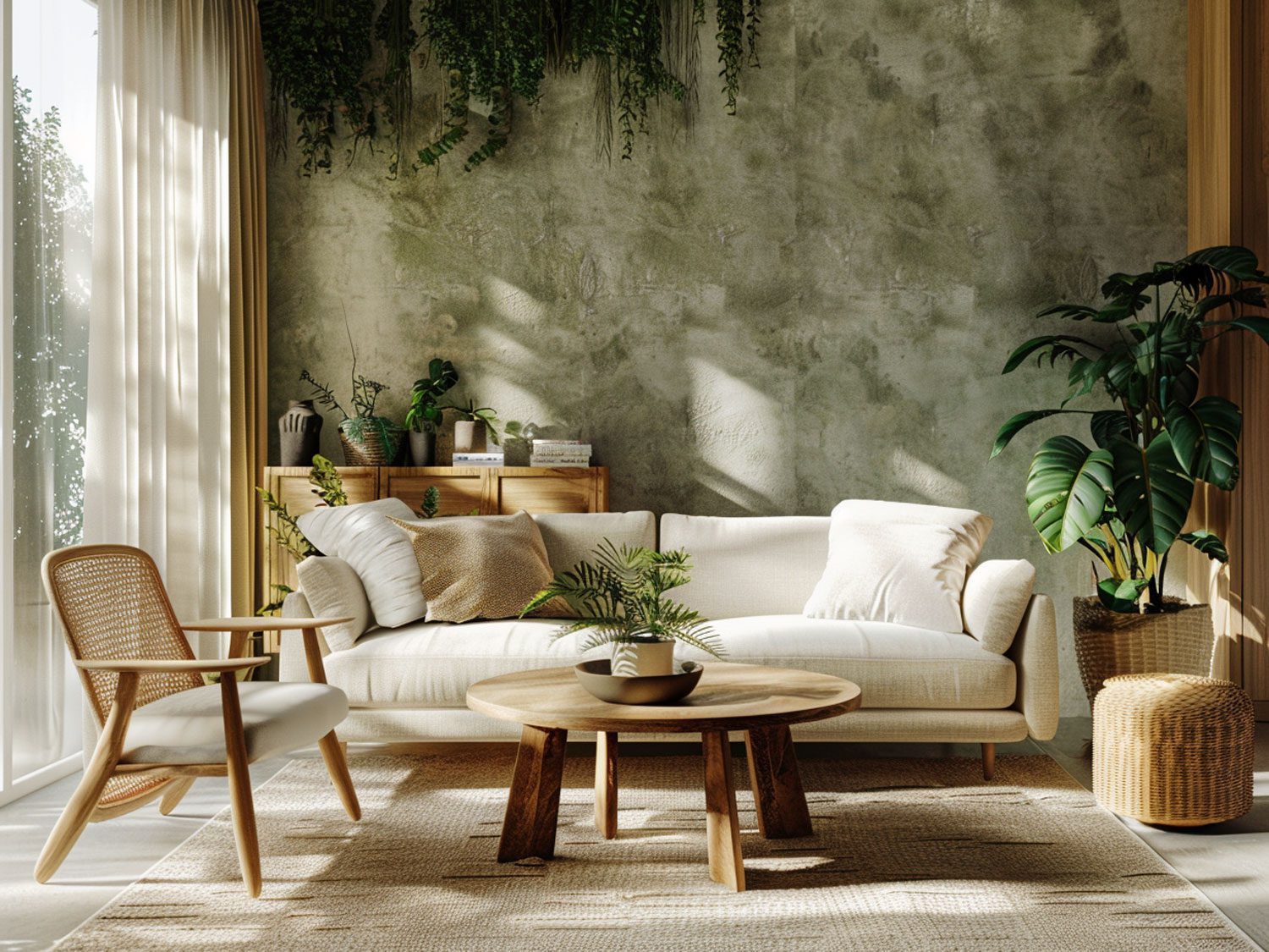 Rustykalny pokój z drewnianymi meblami i zielenią, przytulny taras rustykalny.