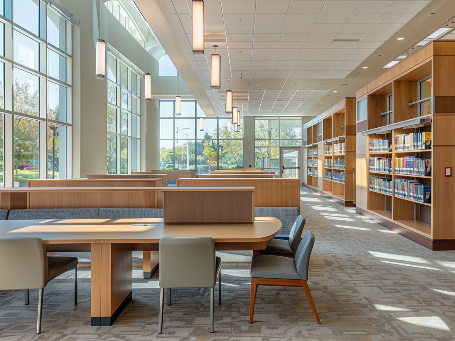 Nowoczesna biblioteka z drewnianymi stołami i jasnym oświetleniem, przestronna biblioteka nowoczesna.