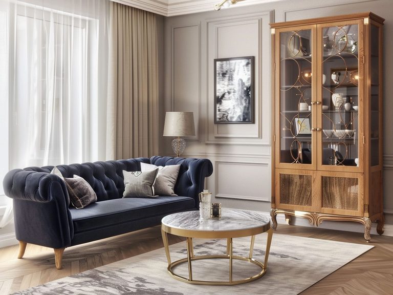 Luksusowy salon glamour z granatową sofą i marmurowym stolikiem, elegancki salon glamour.