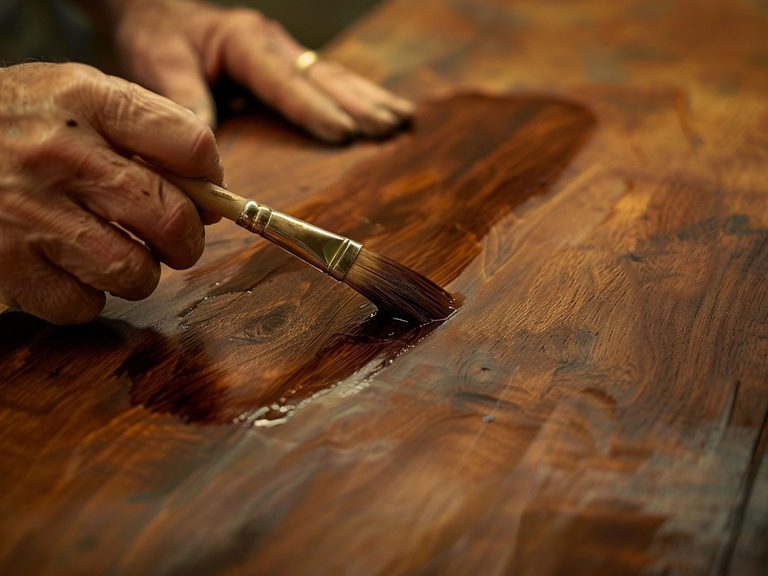 Malowanie drewnianej powierzchni pędzlem, ręczna konserwacja mebli drewnianych.