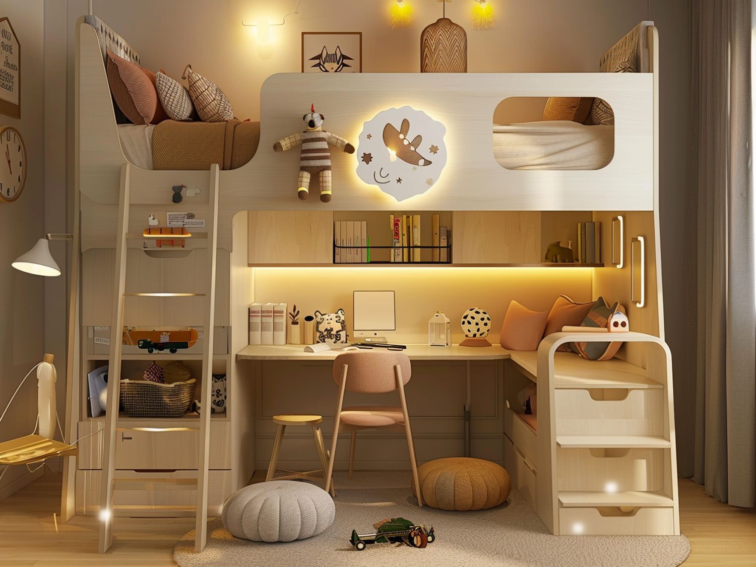 Pokój dziecięcy z łóżkiem piętrowym i drewnianym biurkiem, przytulny pokój dziecięcy nowoczesny. Pokój dziecięcy z łóżkiem piętrowym i drewnianym biurkiem, przytulny pokój dziecięcy nowoczesny.