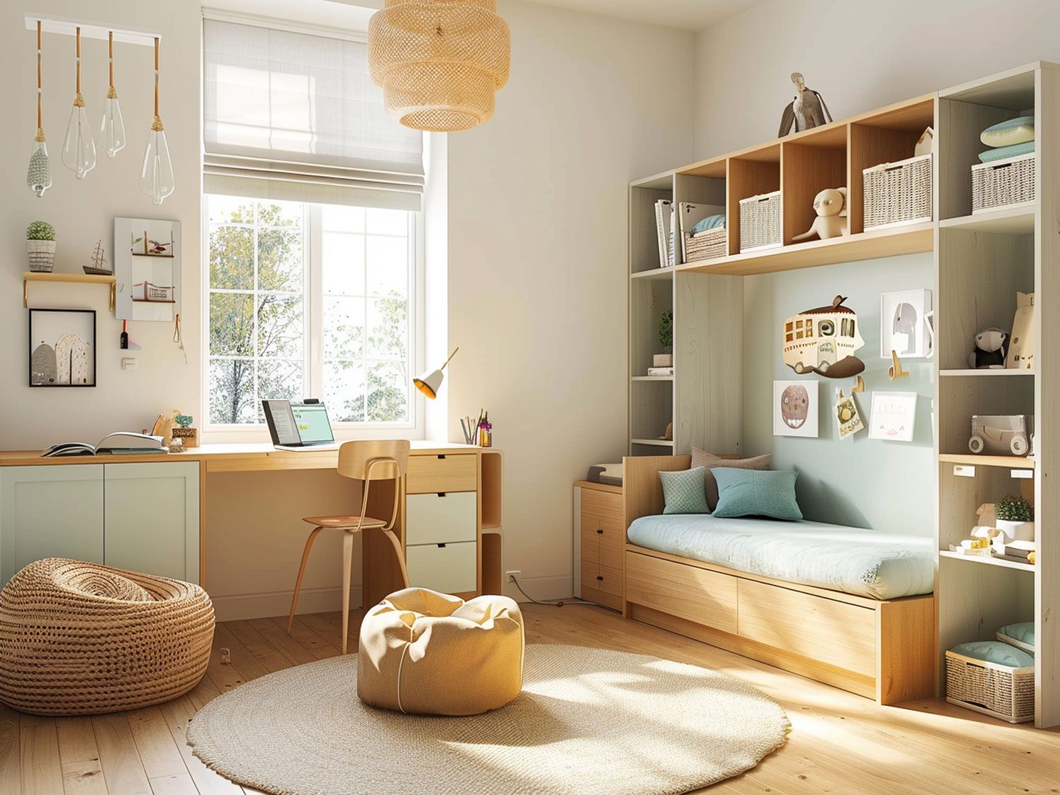 Pokój dziecięcy w stylu skandynawskim z drewnianymi meblami i jasnym światłem, przytulny pokój skandynawski. Pokój dziecięcy w stylu skandynawskim z drewnianymi meblami i jasnym światłem, przytulny pokój skandynawski.