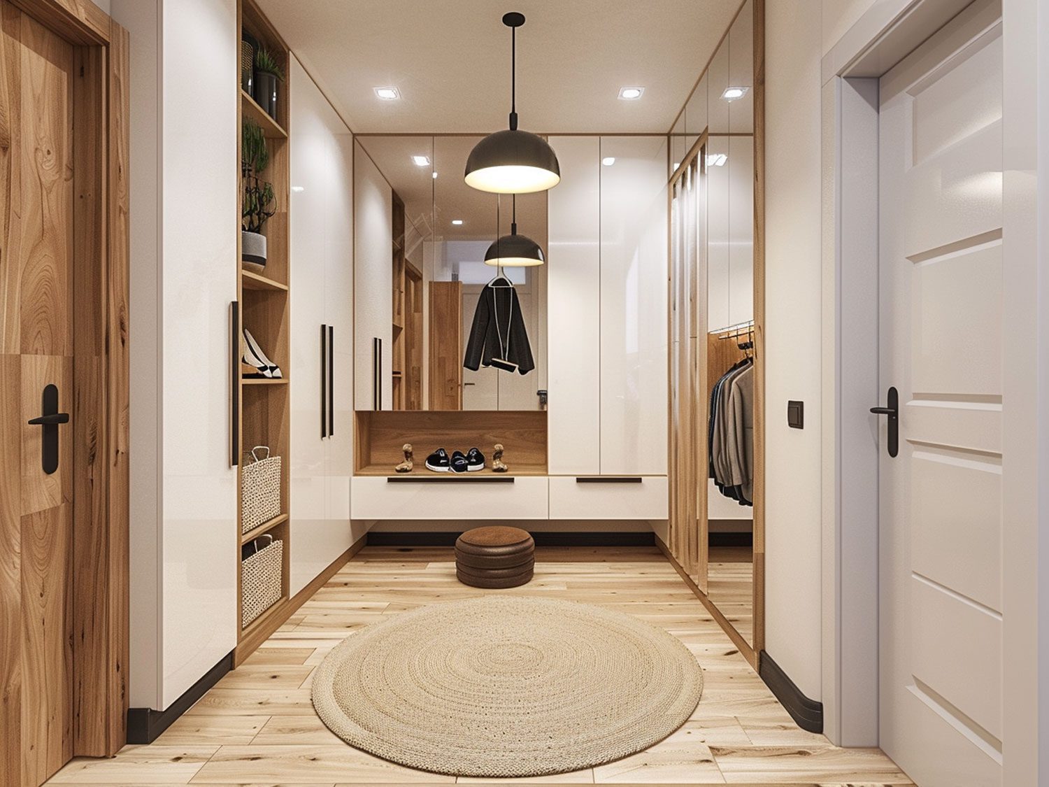 Moderní garderoba s bílými šatní skříňmi a světlým dřevem, prostorná garderoba moderní.
