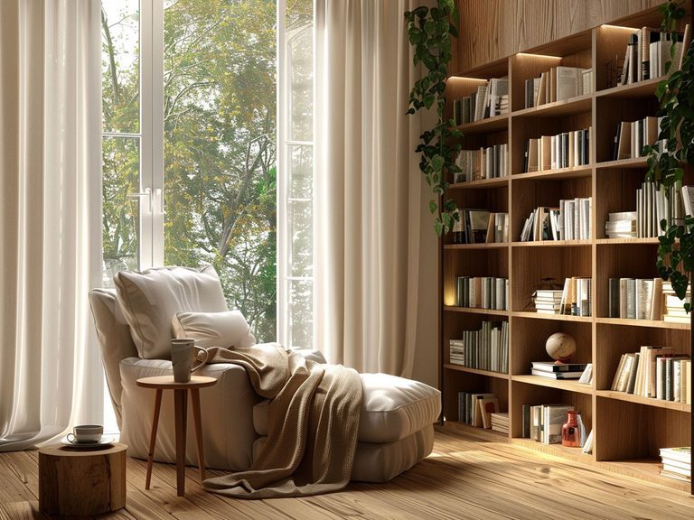 Przytulny kącik do czytania z fotelami i regałami z drewna, ciepłe wnętrze rustykalne.