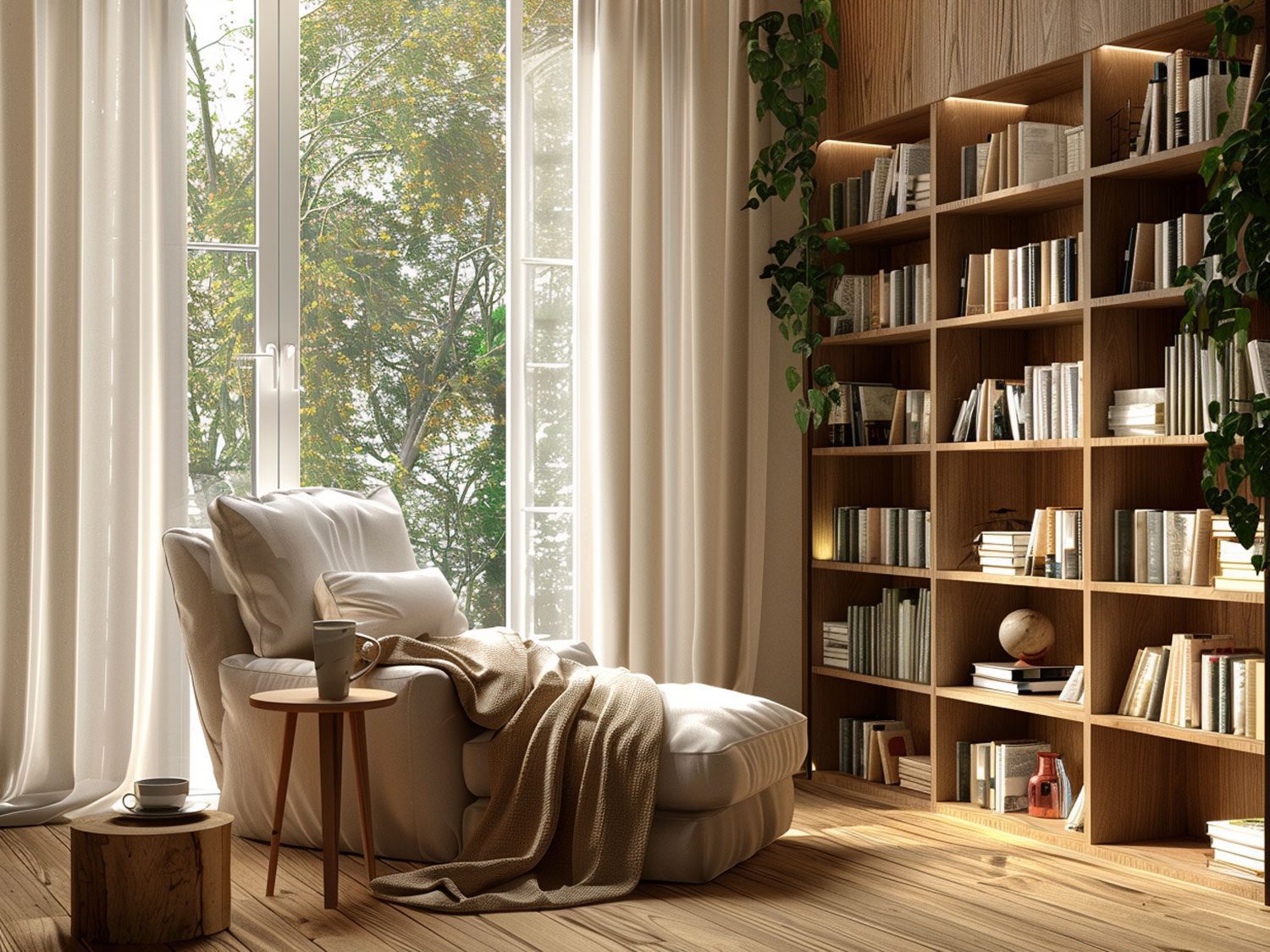 Przytulny kącik do czytania z fotelami i regałami z drewna, ciepłe wnętrze rustykalne.
