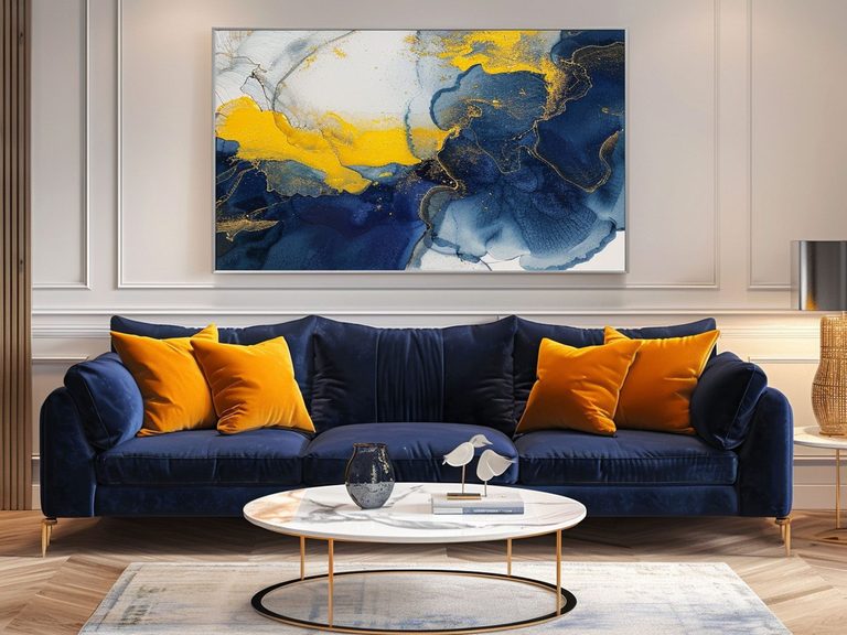 Ekskluzywny salon glamour z granatową sofą i kolorowymi poduszkami, luksusowy salon glamour.