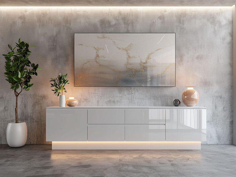 Nowoczesny salon z białą szafką RTV i podświetleniem LED, minimalistyczne wnętrze nowoczesne.