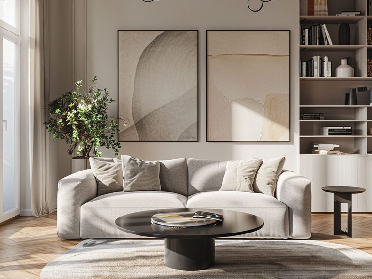 Nowoczesny salon z jasnoszarą sofą i okrągłym czarnym stolikiem kawowym, elegancki salon nowoczesny.