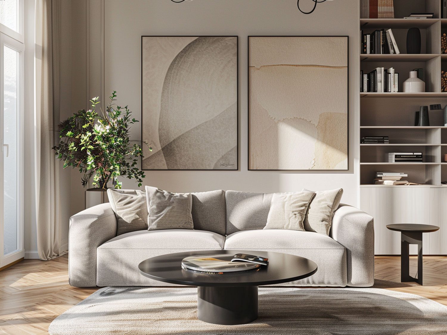 Moderní obývací pokoj s světle šedou pohovkou a kulatým černým stolikiem kawowym, elegantní obývací pokoj moderní.