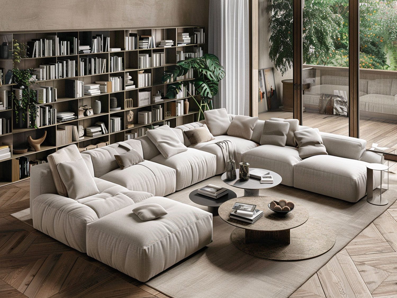 Nowoczesny salon z białą modułową sofą i drewnianym stolikiem, przestronny salon nowoczesny.