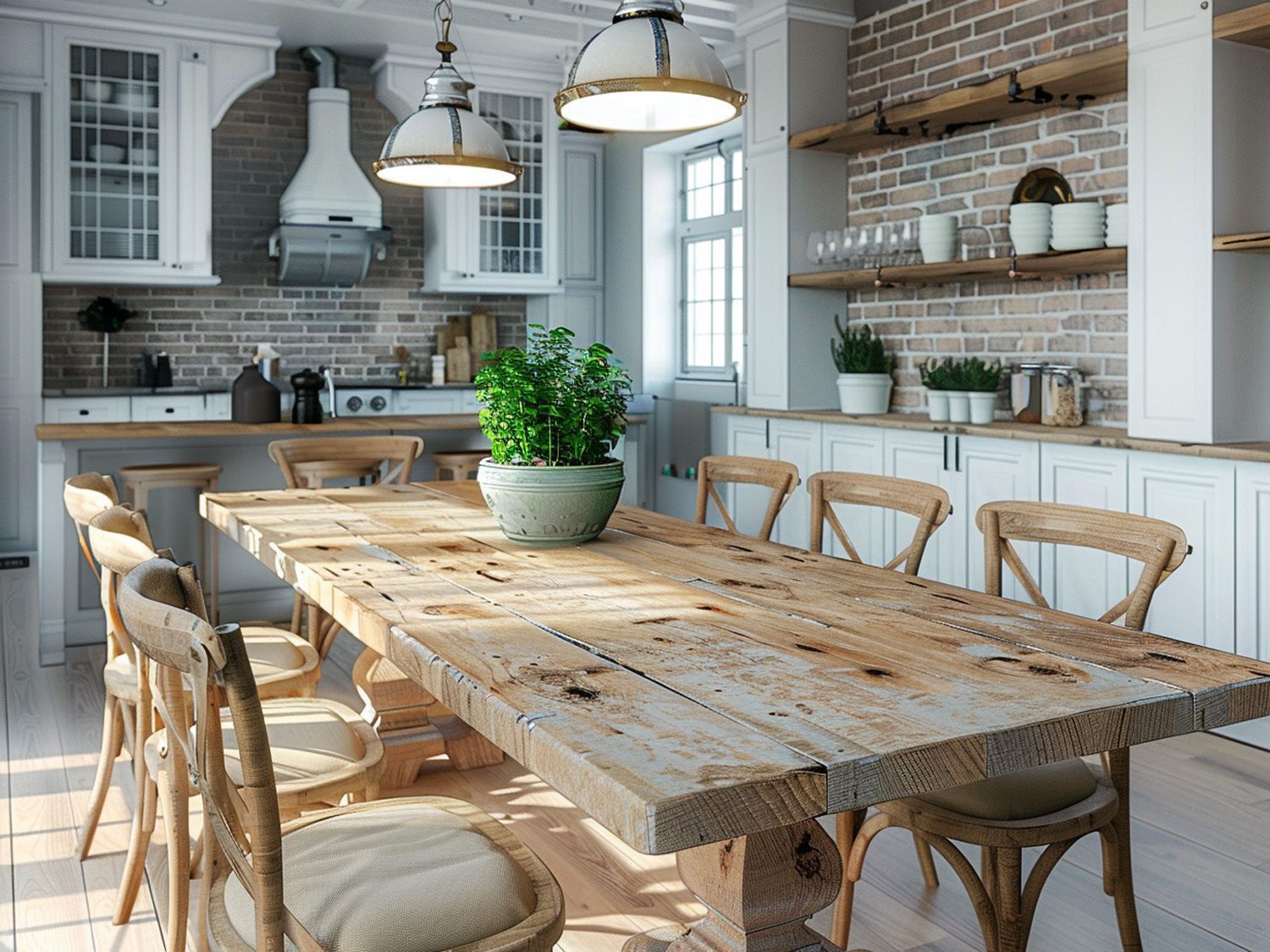 Rustykalna kuchnia z dużym drewnianym stołem i białymi krzesłami, przytulna kuchnia rustykalna.