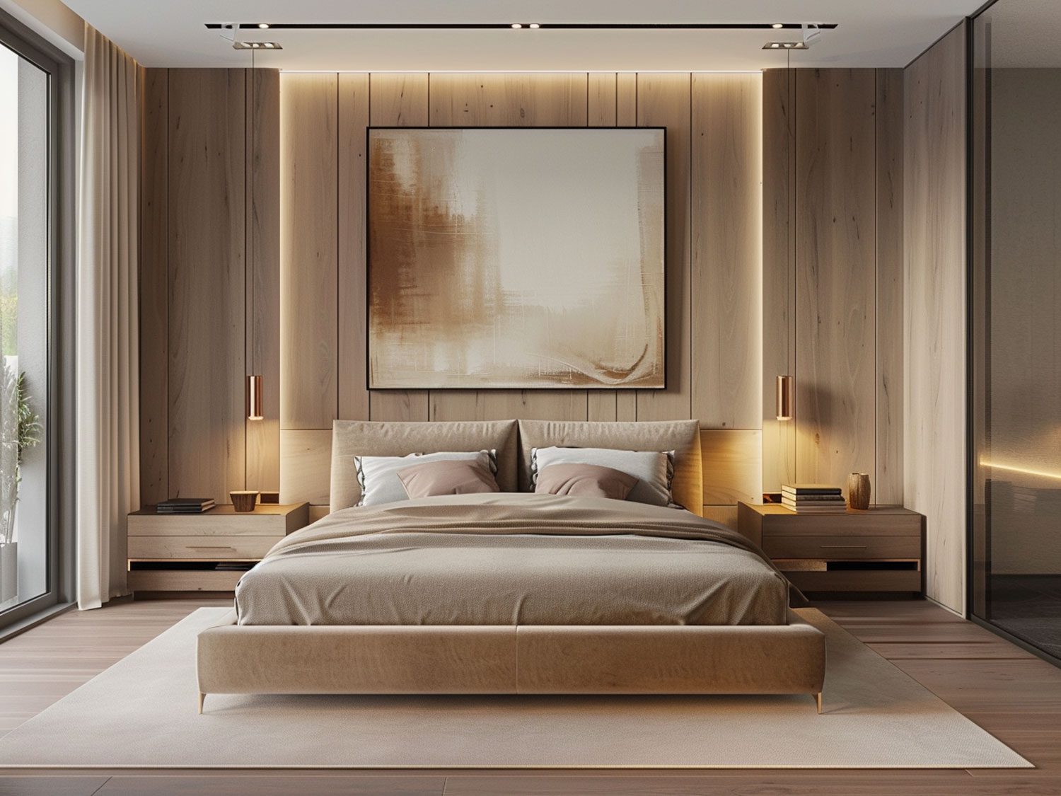 Moderní ložnice z čalouněným postelí a dřevěnými panelami, luxusní moderní ložnice.