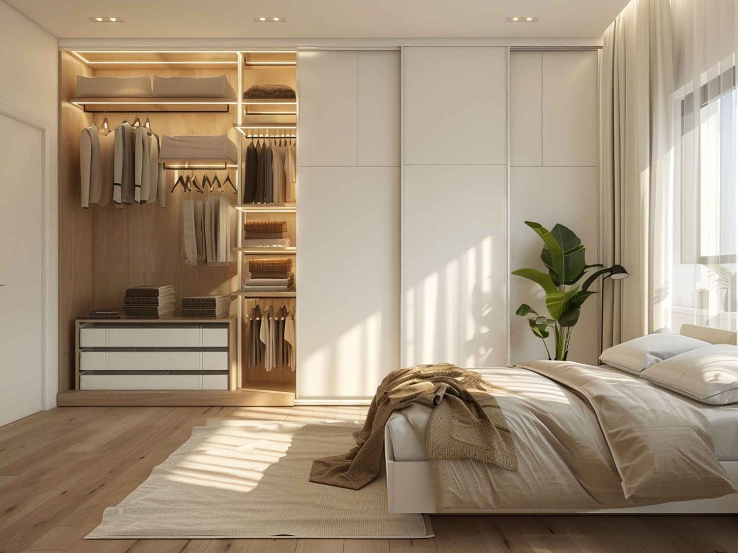 Nowoczesna garderoba z białymi frontami i drewnianą podłogą, przestronna garderoba nowoczesna.