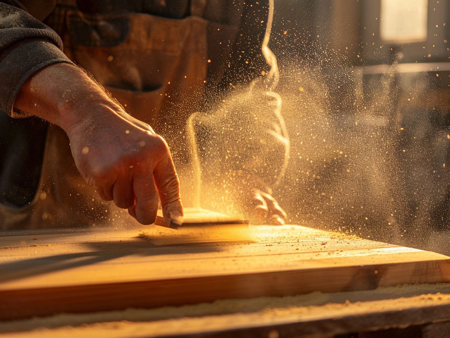 zlifowanie drewnianej deski z efektem pylenia, profesjonalna renowacja drewna.