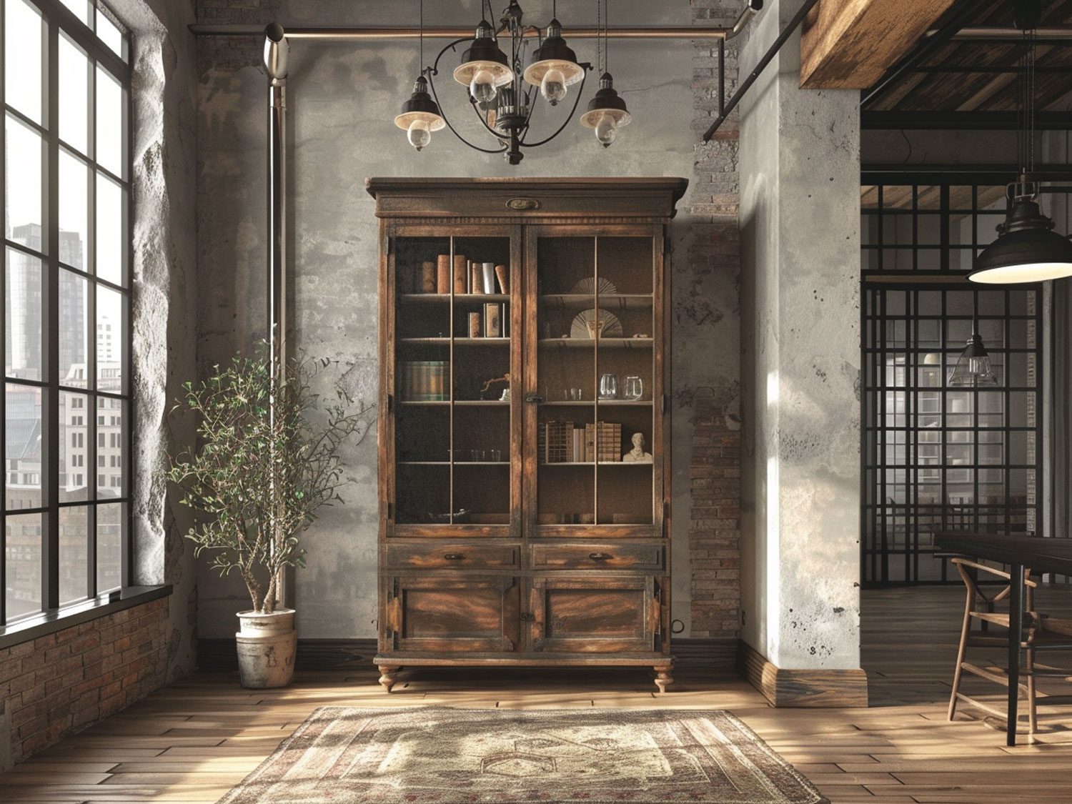 Rustykalna biblioteka z wysoką witryną z litego drewna, elegancka biblioteka rustykalna.