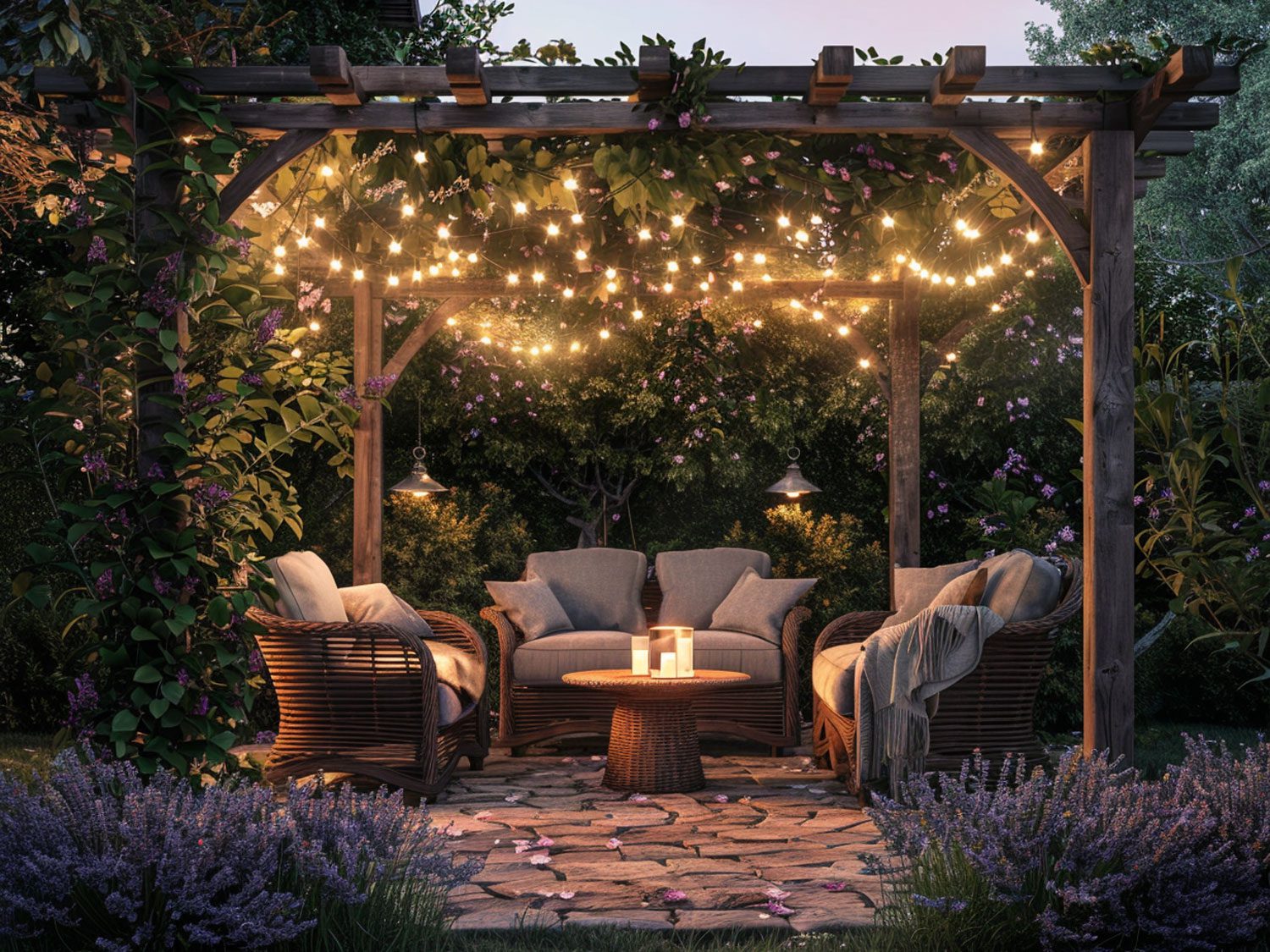 Romantyczny taras z altaną i lampkami, klimatyczny taras rustykalny. Romantyczny taras z altaną i lampkami, klimatyczny taras rustykalny.