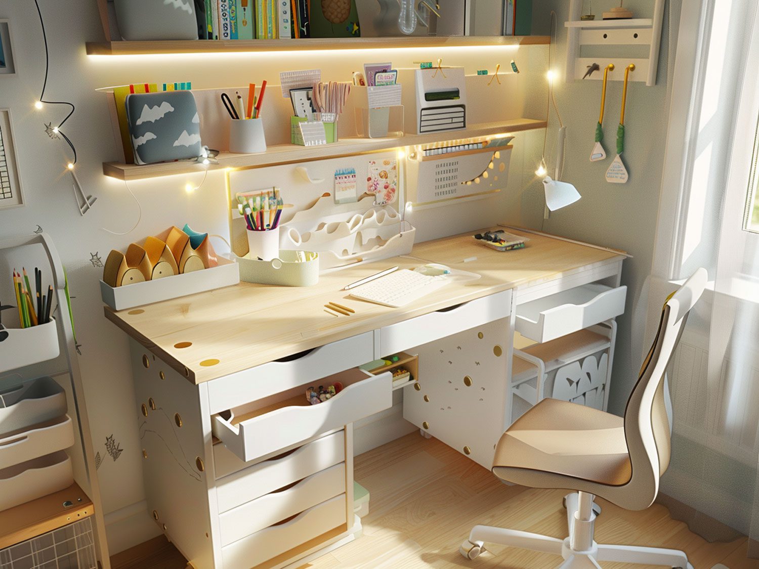 Kolorowy pokój kreatywny z jasnym biurkiem i organizacją na ścianie, przytulny pokój kreatywny.
