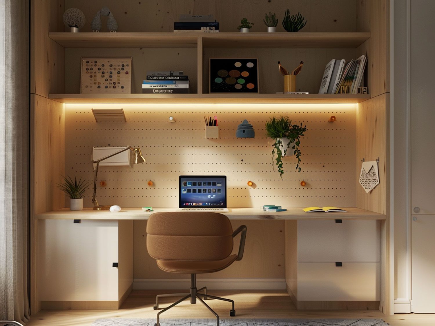 Nowoczesne biuro z drewnianym biurkiem i podświetlaną półką na tle ściany Nowoczesne biuro z drewnianym biurkiem i podświetlaną półką na tle ściany