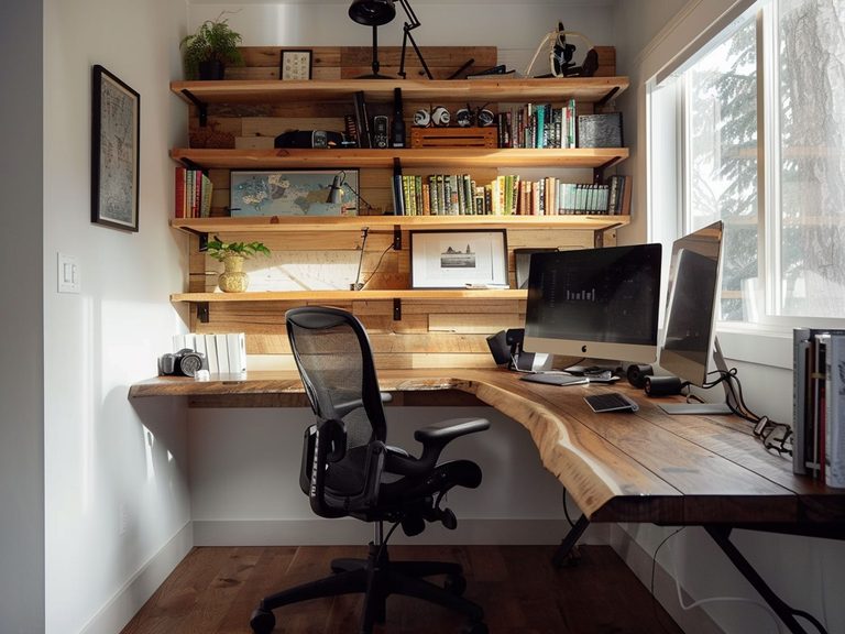 Rustykalne biuro domowe z drewnianym blatem i czarnym fotelem, funkcjonalne biuro rustykalne.