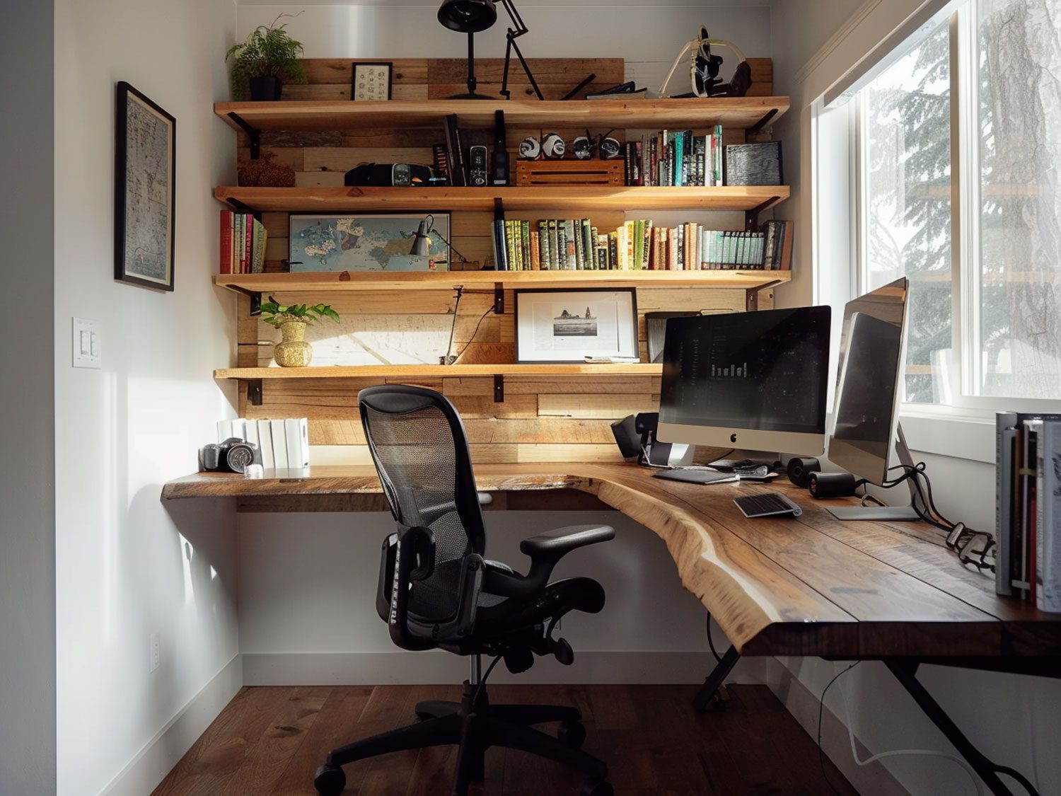 Rustykalne biuro domowe z drewnianym blatem i czarnym fotelem, funkcjonalne biuro rustykalne.