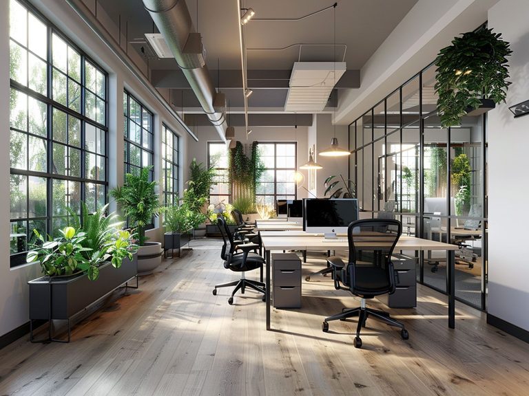 Loftowe biuro z dużymi oknami i industrialnymi biurkami w jasnym drewnie