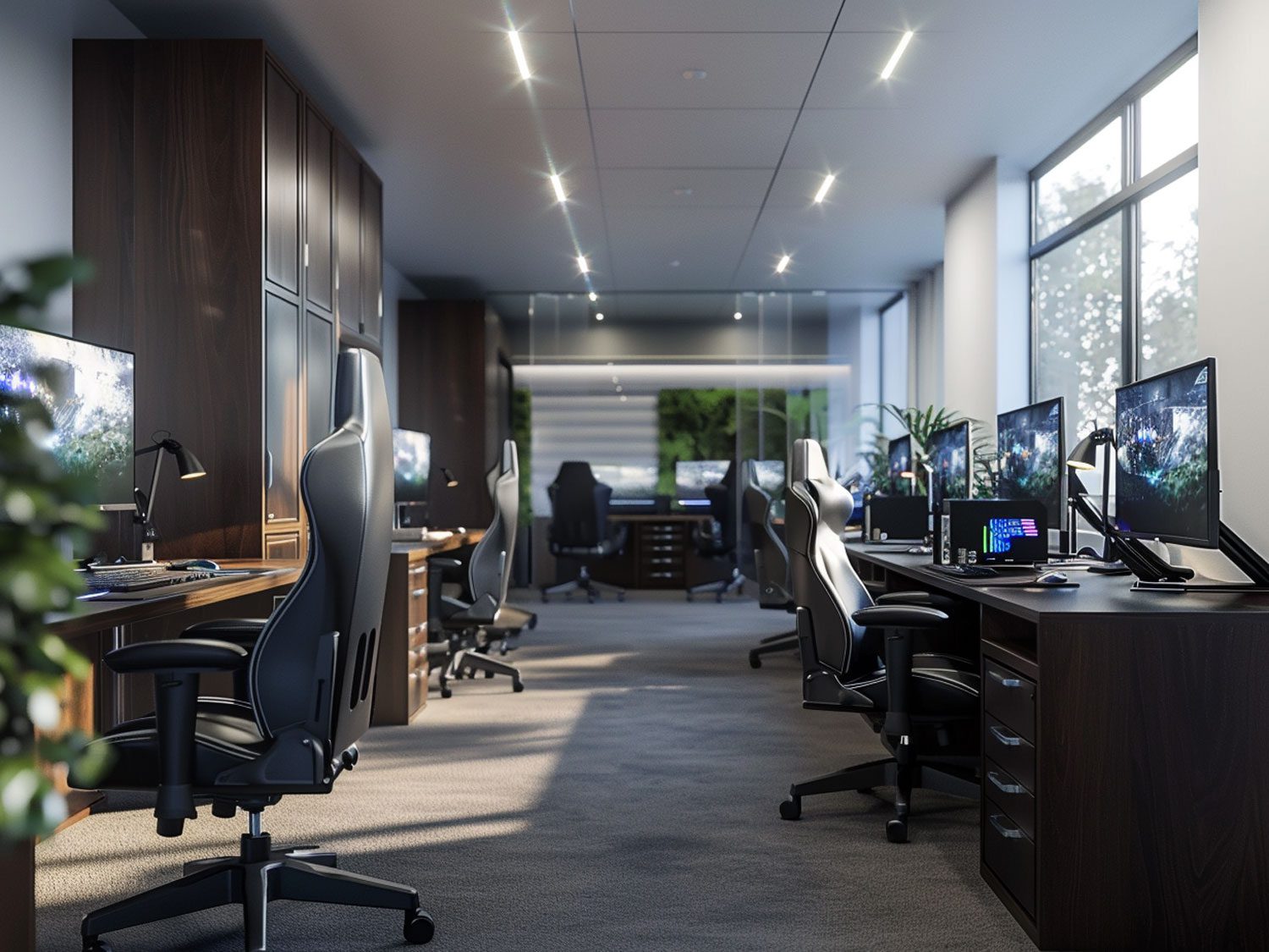 Loftowe biuro z dużymi biurkami, czarnymi krzesłami i industrialnym oświetleniem