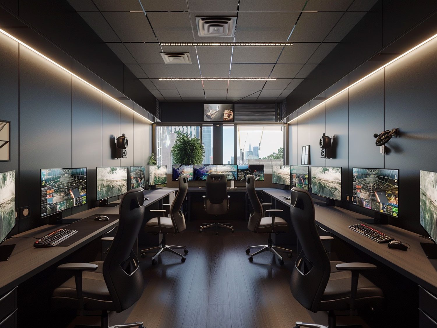 Loftowe biuro z dużymi biurkami, czarnymi krzesłami i industrialnym oświetleniem