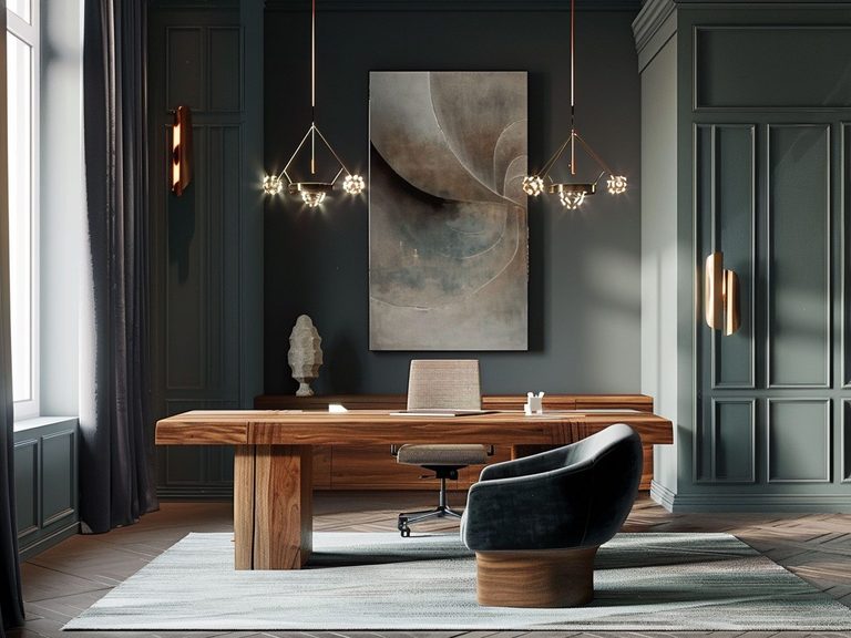 Nowoczesne biuro z drewnianym stołem i ciemnymi ścianami, luksusowe biuro nowoczesne.