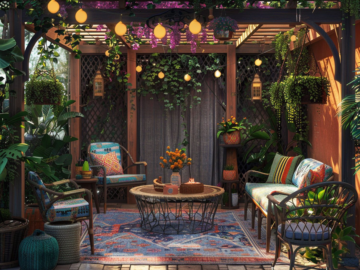 Rustykalny taras z kolorowymi poduszkami i niskimi drewnianymi stolikami