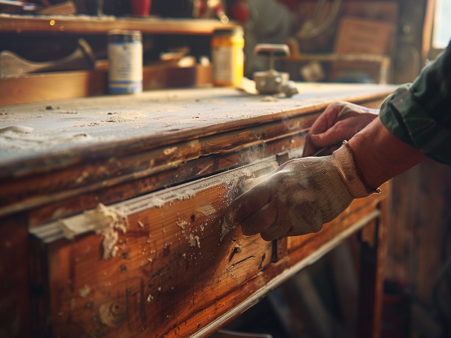 Renowacja starego drewnianego mebla, prace stolarskie w warsztacie. Renowacja starego drewnianego mebla, prace stolarskie w warsztacie.