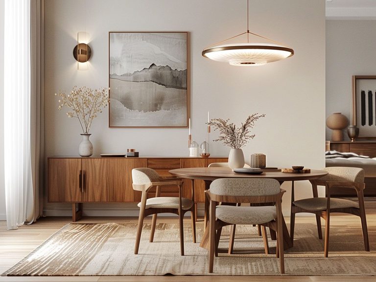 Nowoczesna jadalnia z okrągłym stołem, drewnianymi krzesłami i minimalistycznym oświetleniem
