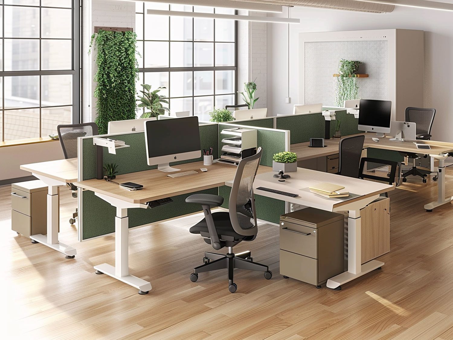 Nowoczesne biuro open space z zielonymi akcentami i ergonomicznie rozmieszczonymi stanowiskami