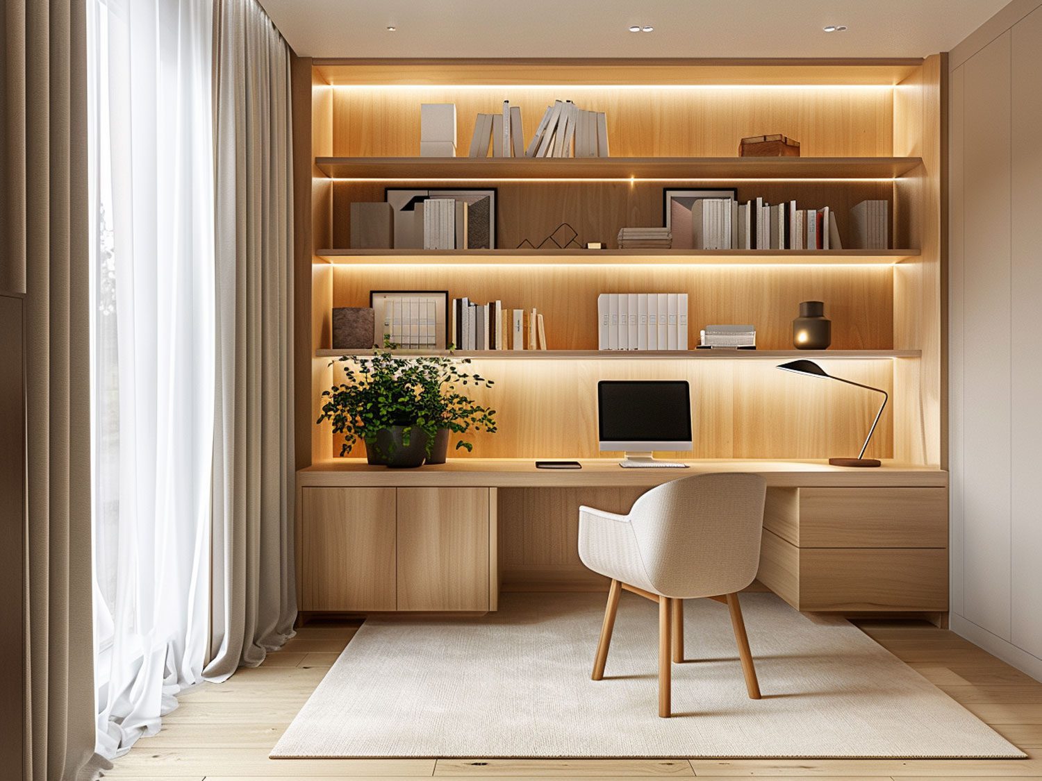 Nowoczesne biuro domowe z drewnianymi półkami i białym biurkiem, eleganckie biuro nowoczesne.