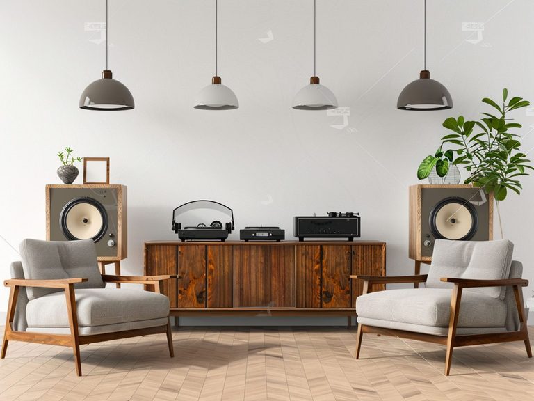 Retro salon z drewnianą komodą i gramofonem, stylowy salon retro