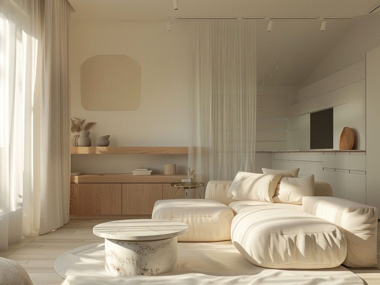 Skandynawska sypialnia z białym łóżkiem, jasnym dywanem i naturalnymi dodatkami