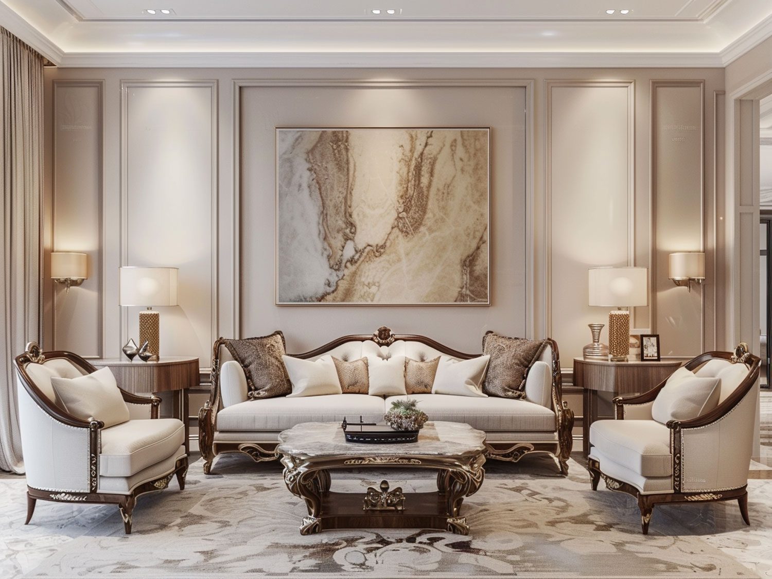 Ekskluzywny salon glamour z jasnymi sofami i klasycznym obrazem, luksusowy salon glamour. Ekskluzywny salon glamour z jasnymi sofami i klasycznym obrazem, luksusowy salon glamour.