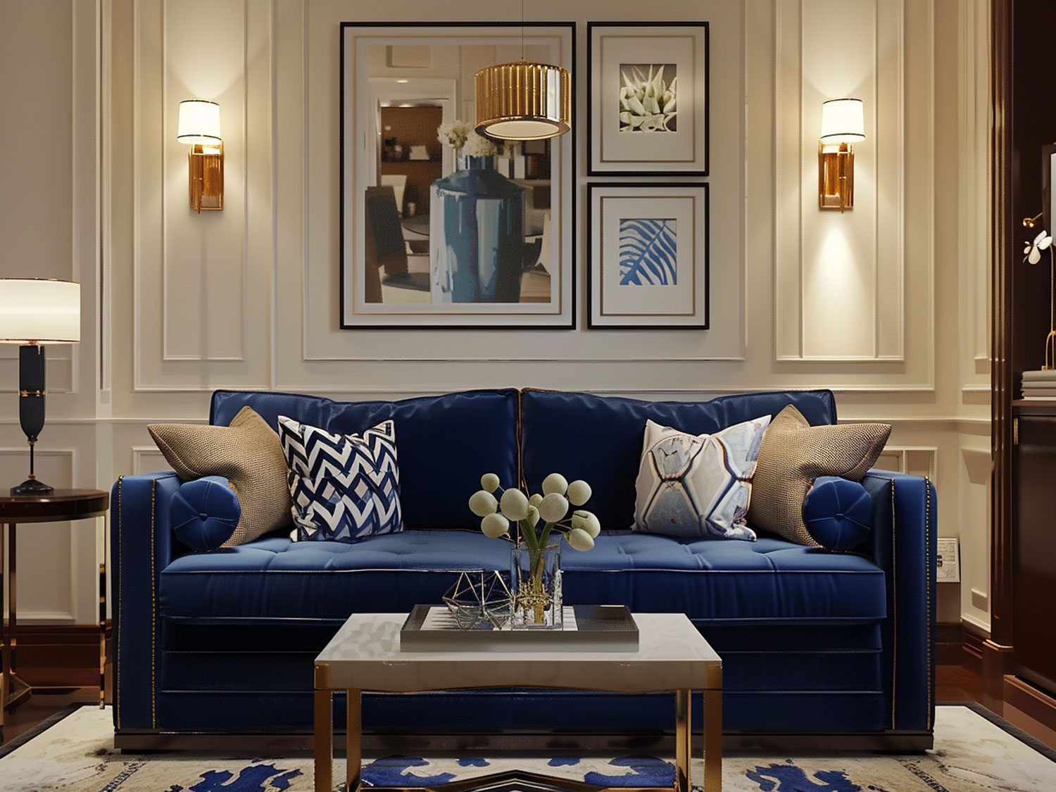 Ekskluzywny salon glamour z granatową sofą i obrazami, luksusowy salon glamour.