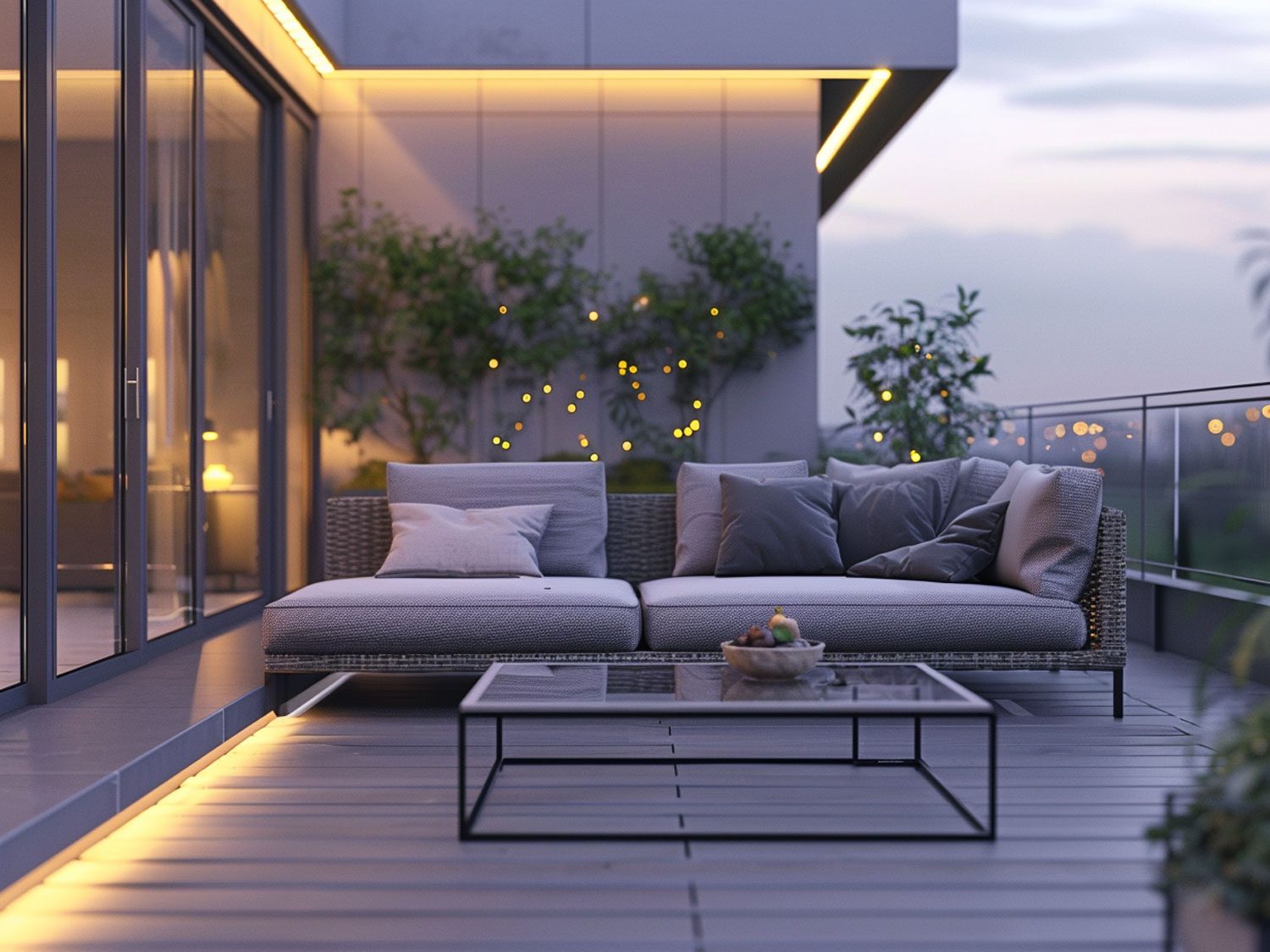 Nowoczesny taras z szarą sofą modułową i minimalistycznym stolikiem