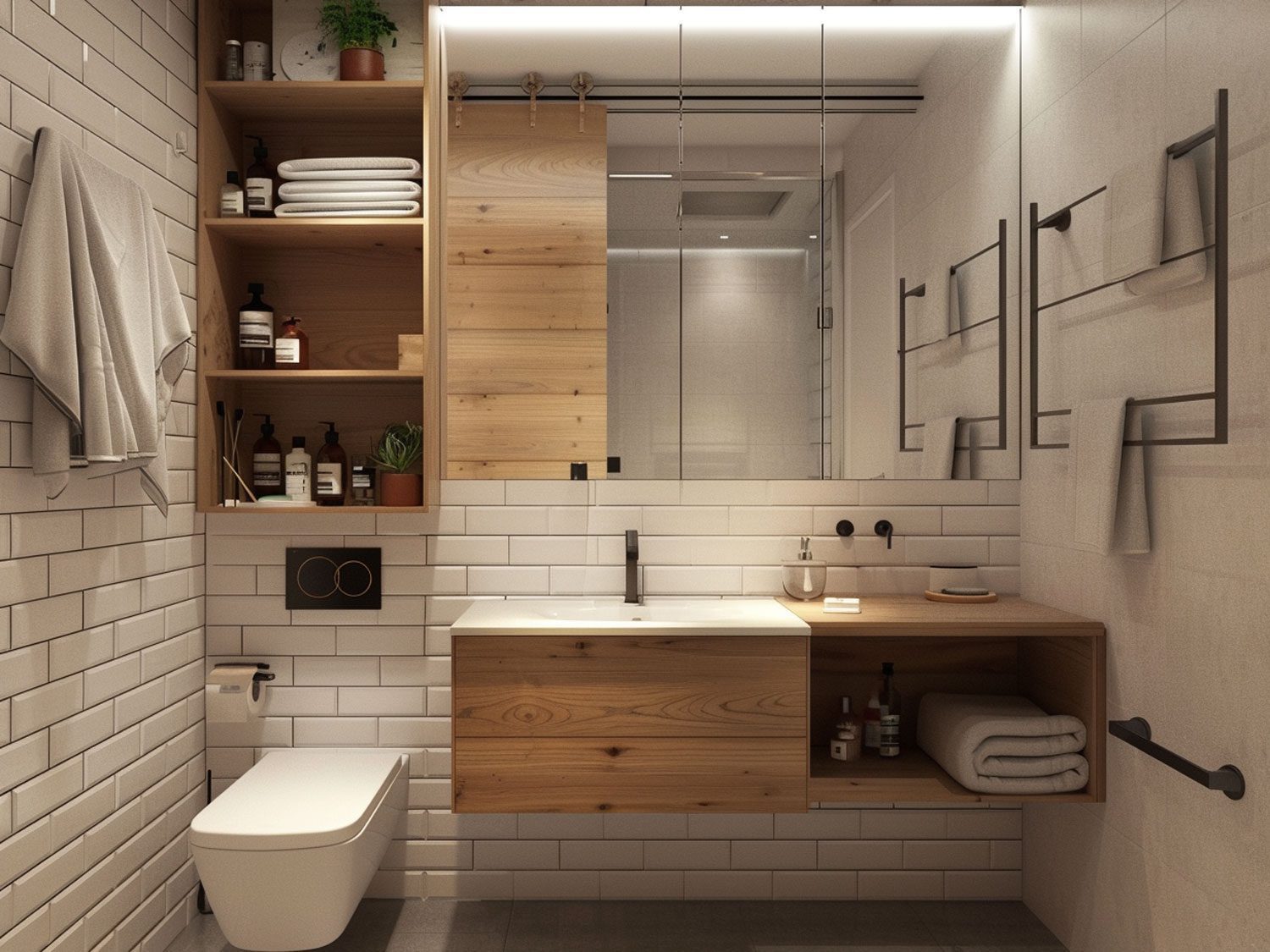Nowoczesna łazienka z drewnianymi szafkami i białymi płytkami, funkcjonalna łazienka nowoczesna.