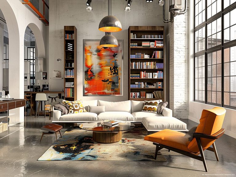 Industrialny salon z kolorowymi akcentami i regałami z książkami, stylowy salon loftowy.