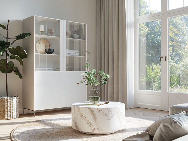 Nowoczesny salon z białą witryną i marmurowym stolikiem, minimalistyczny salon nowoczesny